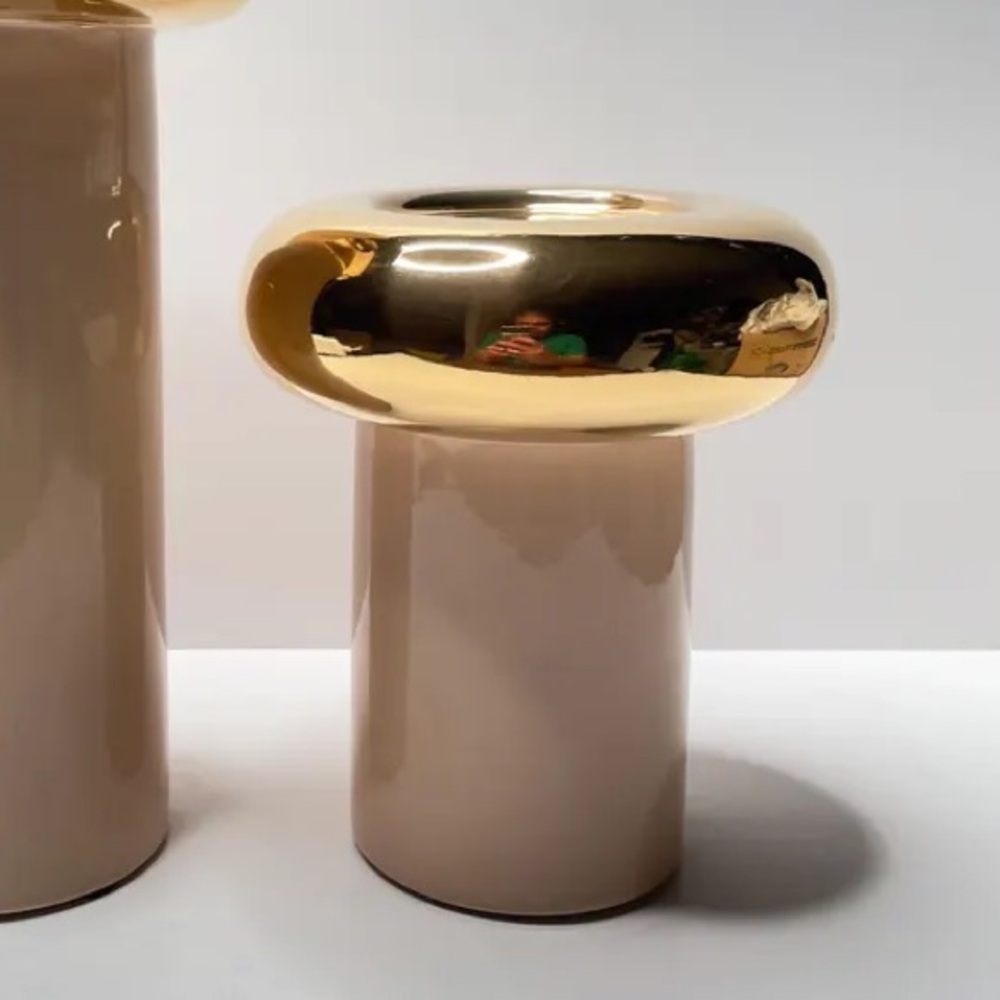 Vintage JARU Candle Holders Ceramic Brass Gold Cream MCM 80s postmodern mushroom